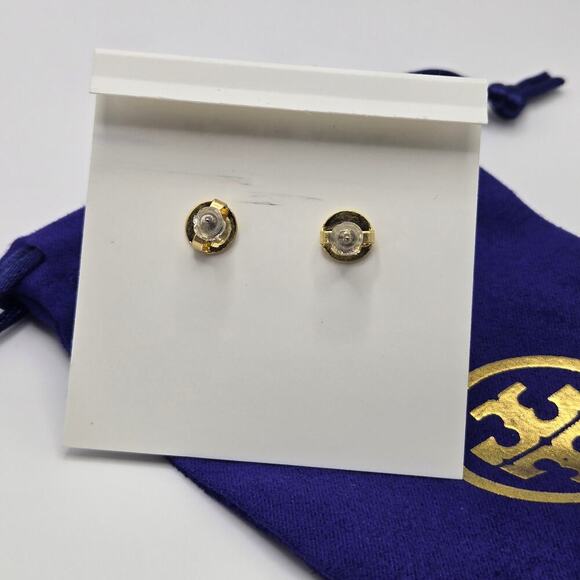 NEW Tory Burch Roxanne Czech Stone Heart Drop Earrings Bold Gold Logo Statement - Picture 5 of 7